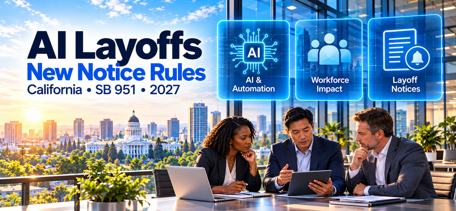 hree business leaders review a tablet beneath AI and workforce graphics beside the headline “AI Layoffs: New Notice Rules—California, SB 951, 2027.