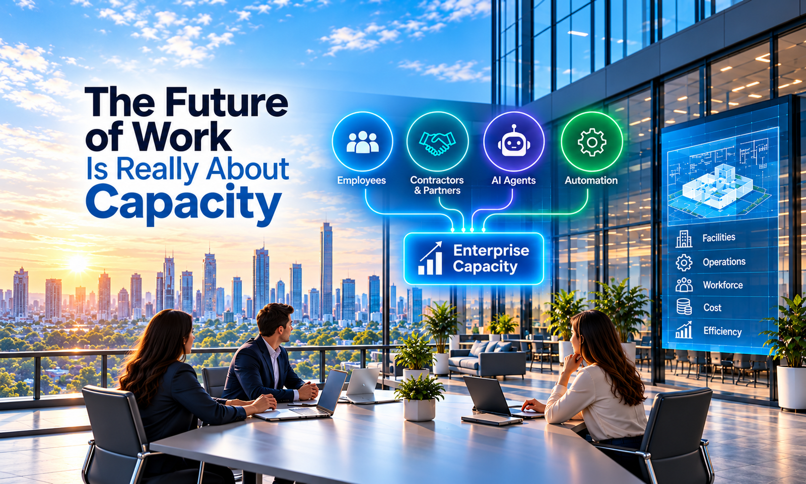 Modern corporate office overlooking a city skyline, with professionals working at laptops and a digital capacity-planning graphic connecting employees, contractors and partners, AI agents, and automation to enterprise capacity. A side dashboard highlights facilities, operations, workforce, cost, and efficiency.